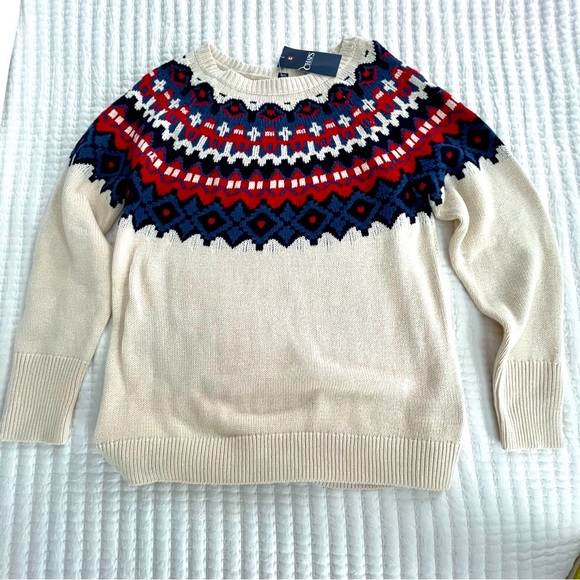 Chaps Women’s Sweater Large Oversized Off-white Knit Ski Fair-Isle Blue Red Soft - Picture 1 of 9